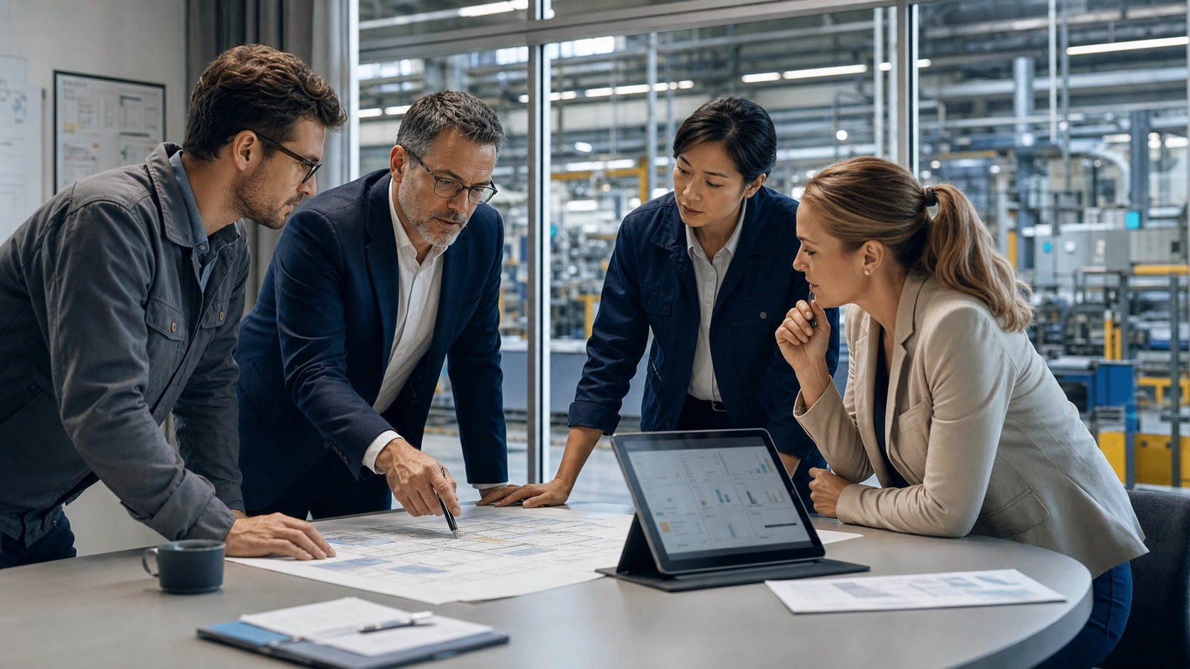 Enterprise planning team reviewing production documents beside a manufacturing floor