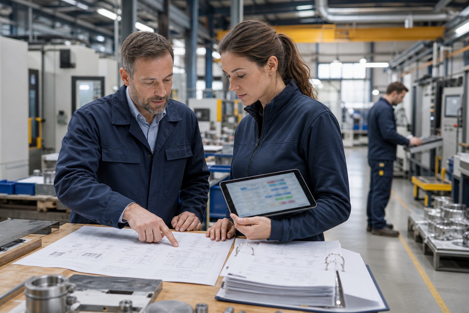 Production planner and supervisor checking routing documents on the factory floor