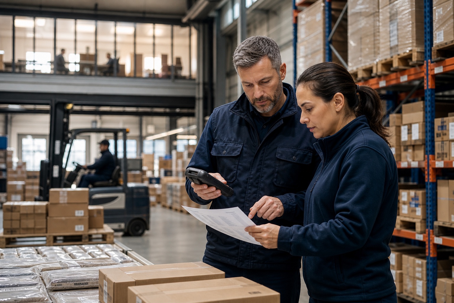 Warehouse leads checking inventory documents and scanner data between storage racks